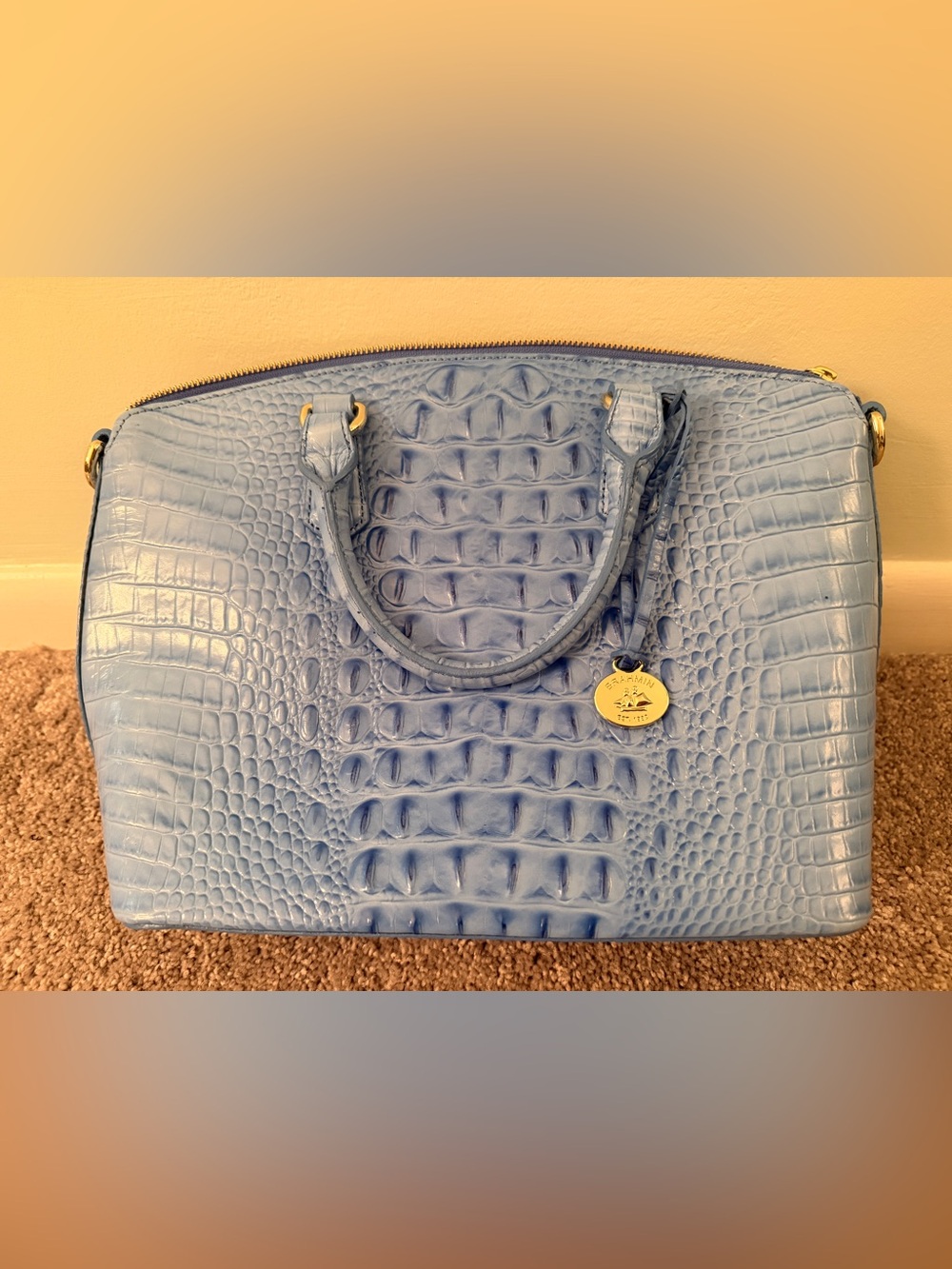 Brahmin Powder Blue Croc-Embossed Satchel with Gold Charm
